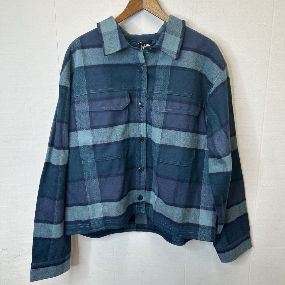 The North Face Size XL Flannel Shirt Blue Plaid Cropped Relaxed Fit Valley